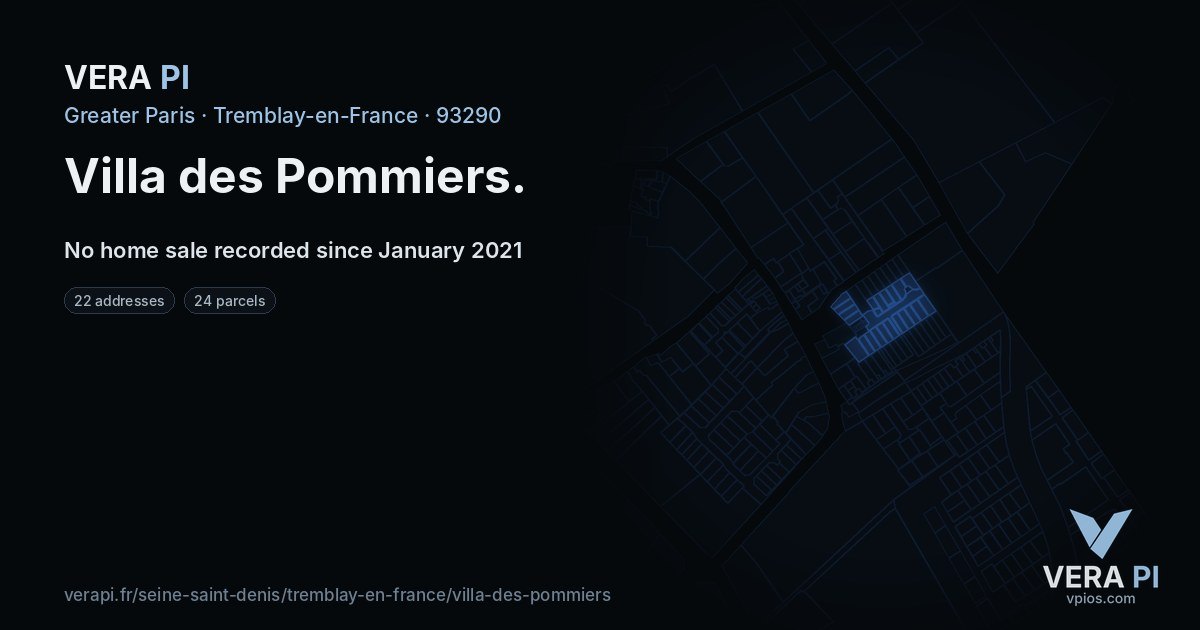 Villa des Pommiers, Tremblay-en-France at night – every parcel coloured by the prices around it, the street's own parcels lit