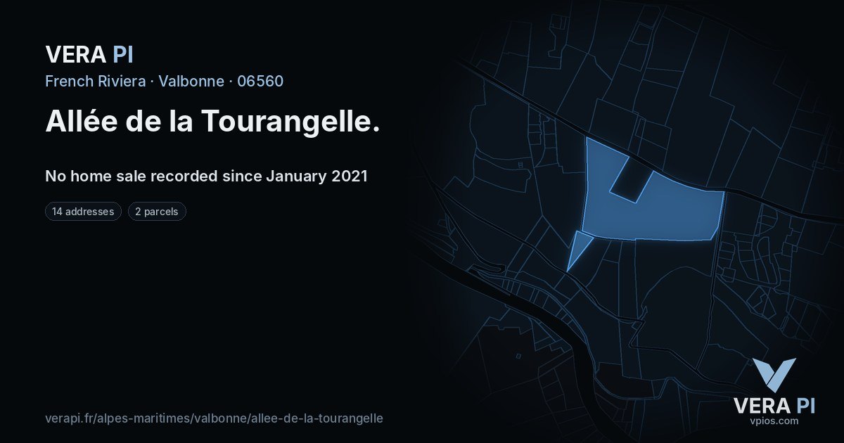 Allée de la Tourangelle, Valbonne at night – every parcel coloured by the prices around it, the street's own parcels lit