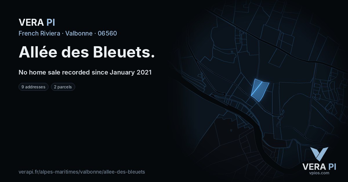Allée des Bleuets, Valbonne at night – every parcel coloured by the prices around it, the street's own parcels lit