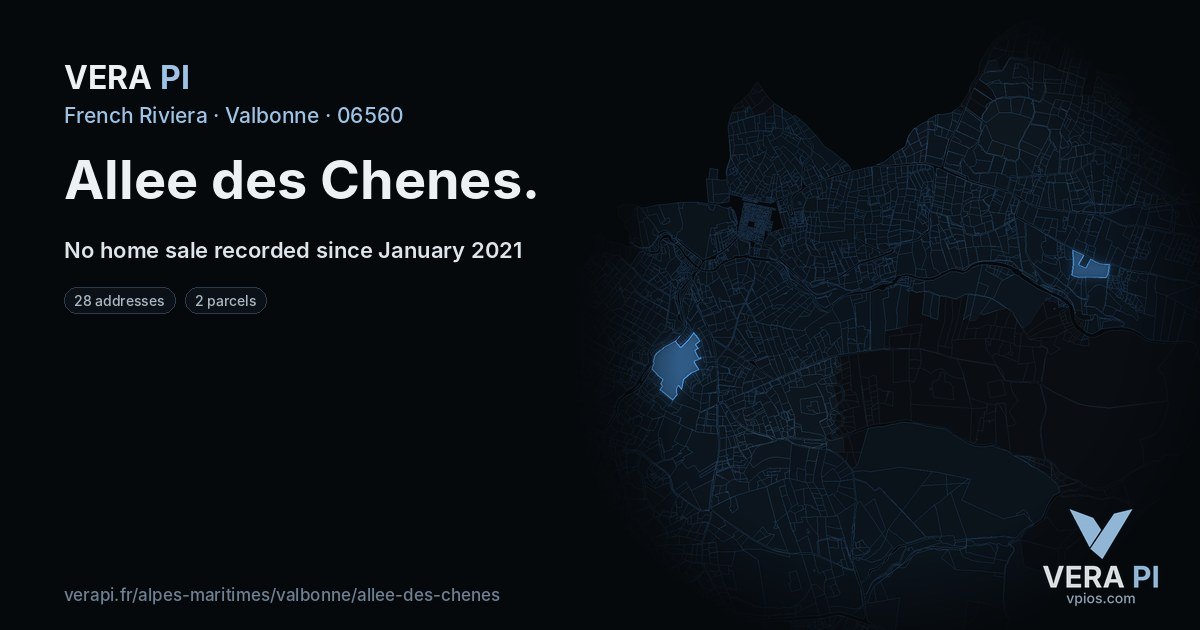 Allee des Chenes, Valbonne at night – every parcel coloured by the prices around it, the street's own parcels lit