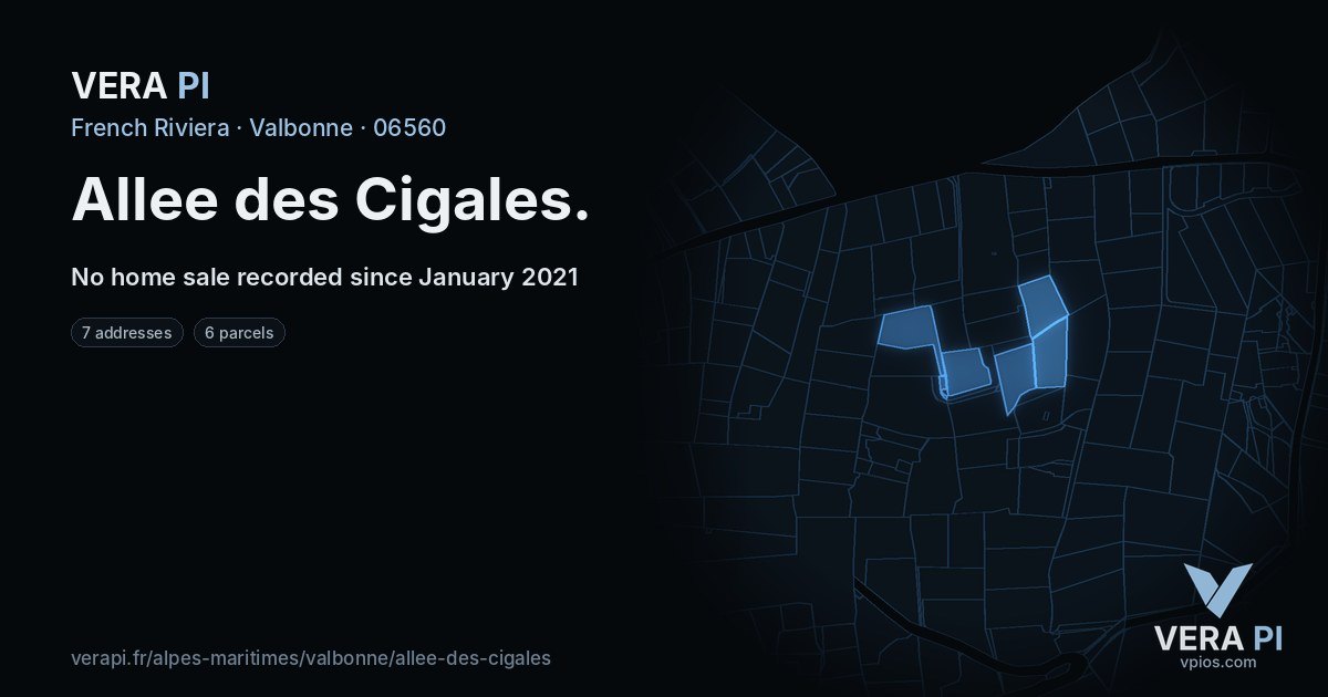 Allee des Cigales, Valbonne at night – every parcel coloured by the prices around it, the street's own parcels lit