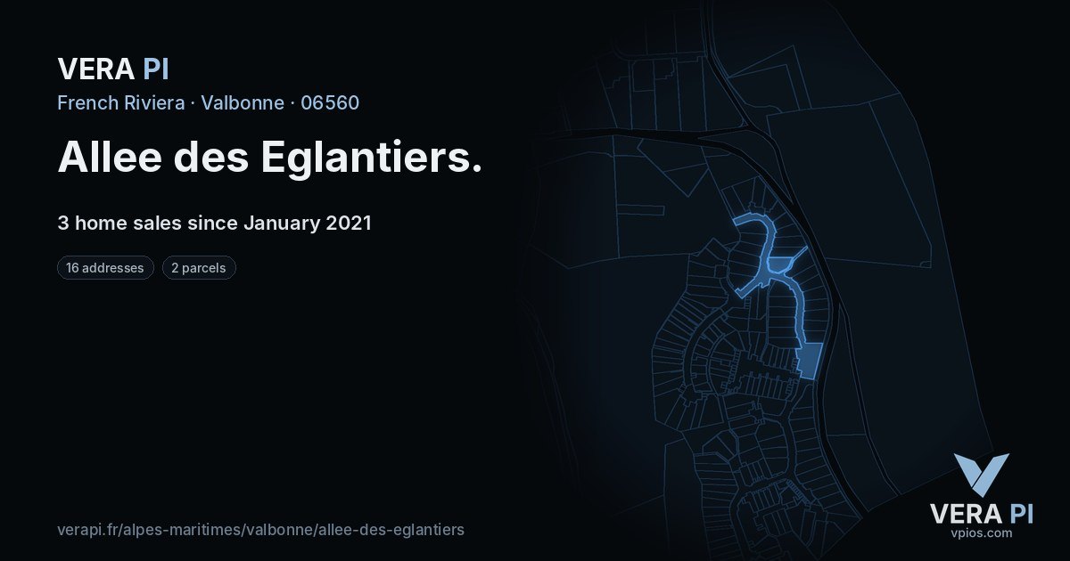 Allee des Eglantiers, Valbonne at night – every parcel coloured by the prices around it, the street's own parcels lit