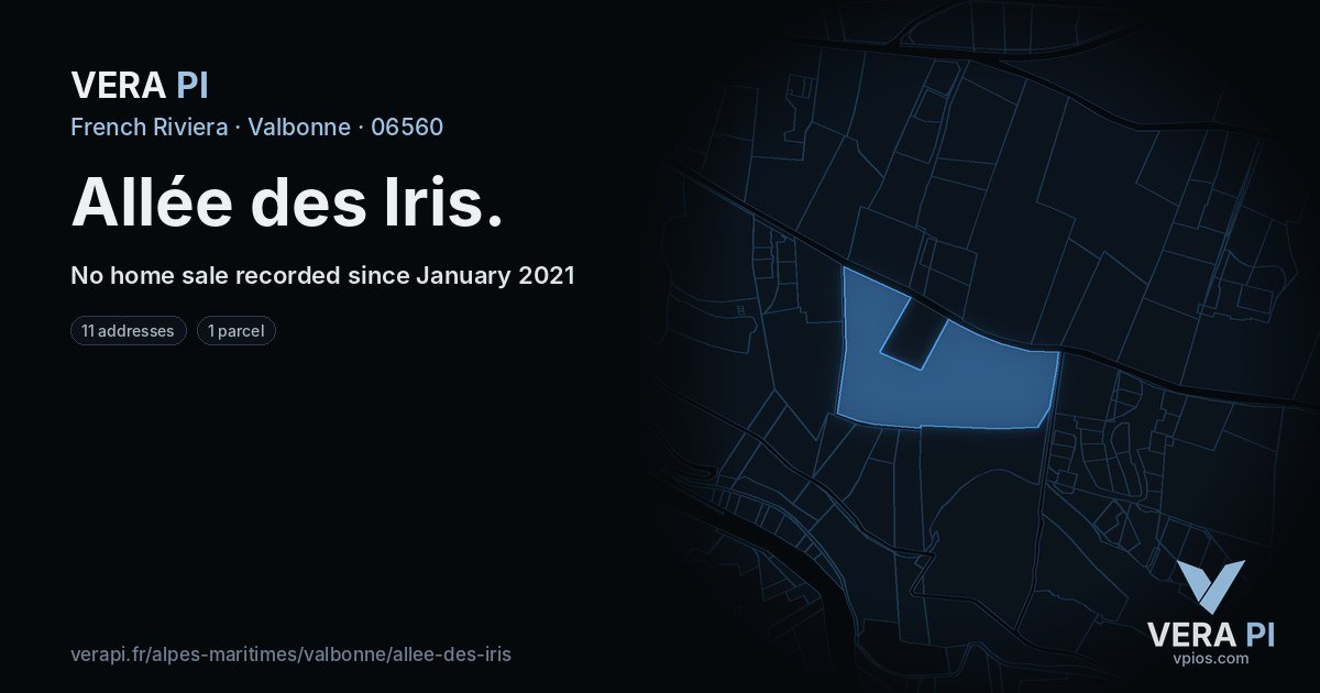 Allée des Iris, Valbonne at night – every parcel coloured by the prices around it, the street's own parcels lit