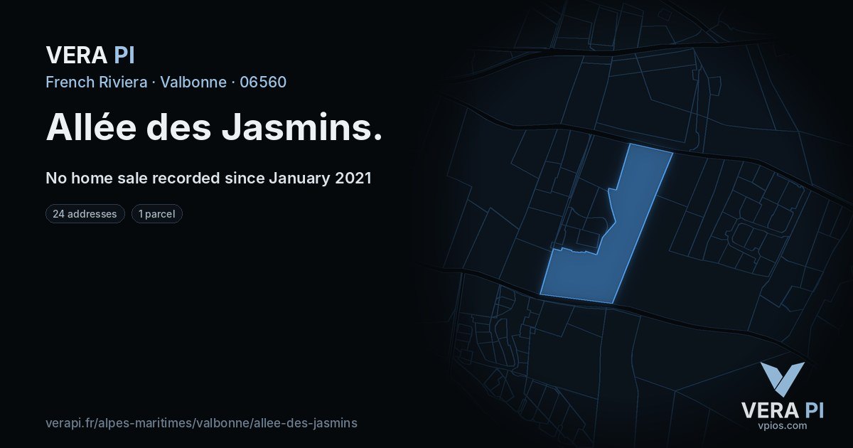Allée des Jasmins, Valbonne at night – every parcel coloured by the prices around it, the street's own parcels lit