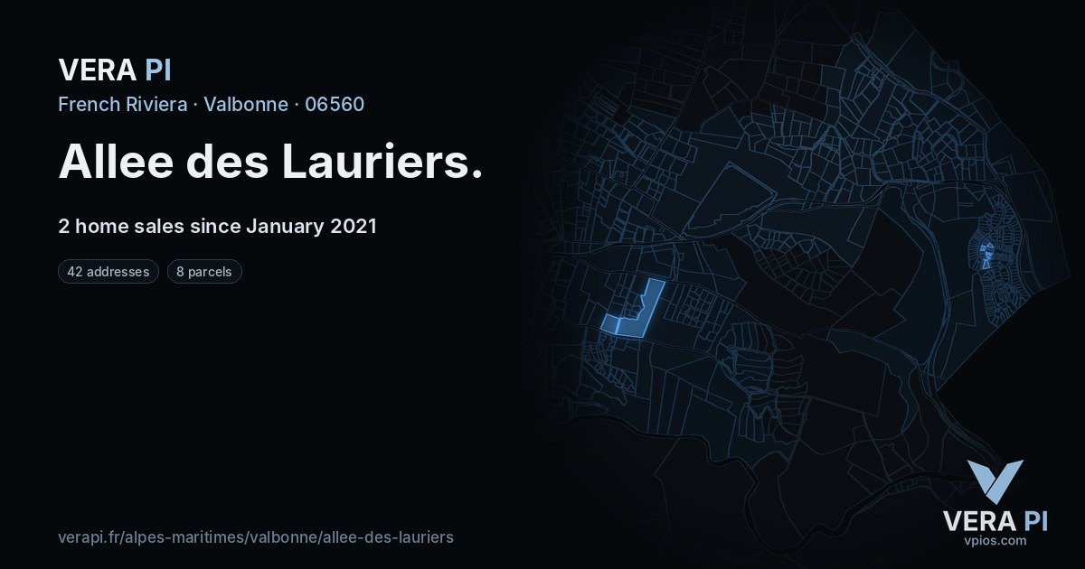 Allee des Lauriers, Valbonne at night – every parcel coloured by the prices around it, the street's own parcels lit