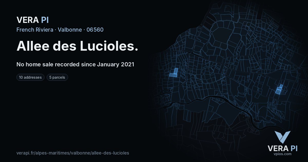 Allee des Lucioles, Valbonne at night – every parcel coloured by the prices around it, the street's own parcels lit