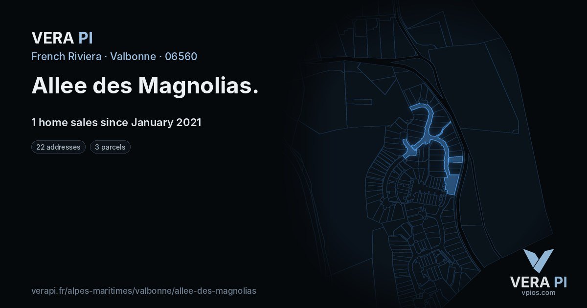 Allee des Magnolias, Valbonne at night – every parcel coloured by the prices around it, the street's own parcels lit