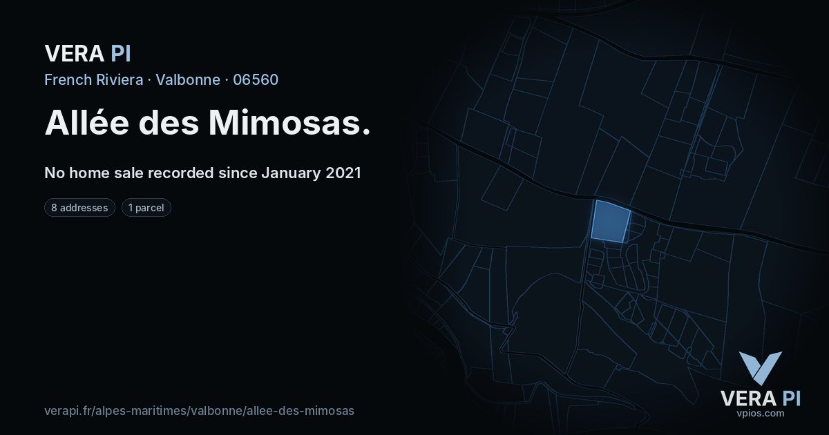 Allée des Mimosas, Valbonne at night – every parcel coloured by the prices around it, the street's own parcels lit