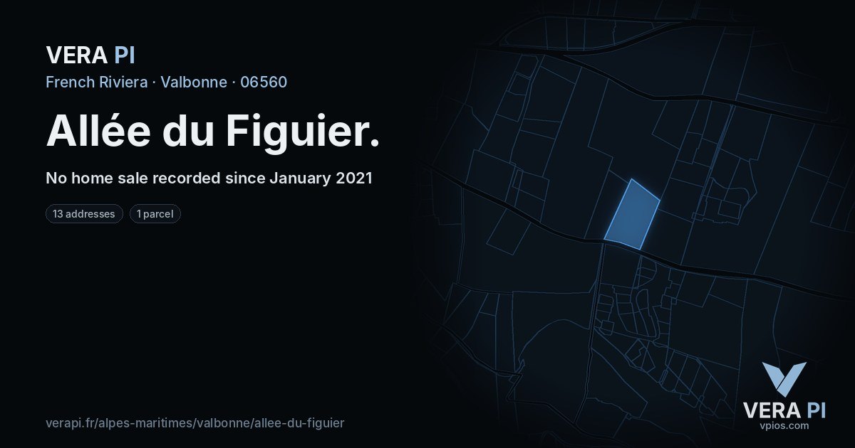 Allée du Figuier, Valbonne at night – every parcel coloured by the prices around it, the street's own parcels lit