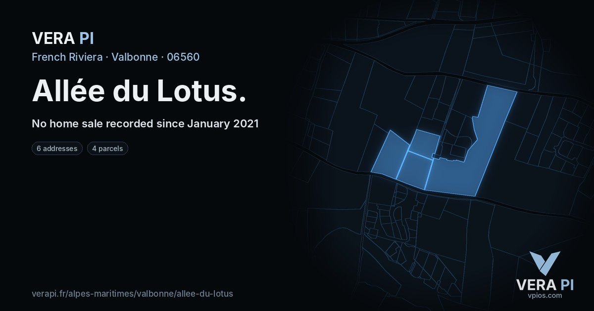 Allée du Lotus, Valbonne at night – every parcel coloured by the prices around it, the street's own parcels lit