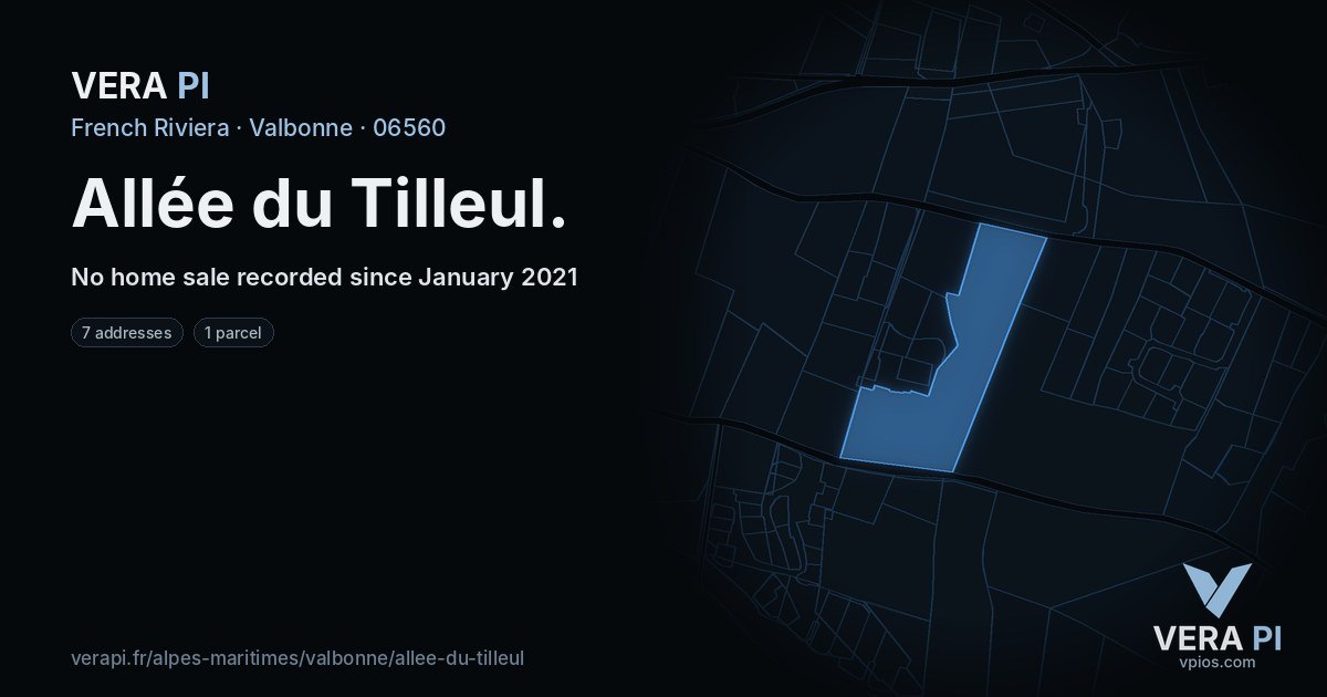 Allée du Tilleul, Valbonne at night – every parcel coloured by the prices around it, the street's own parcels lit