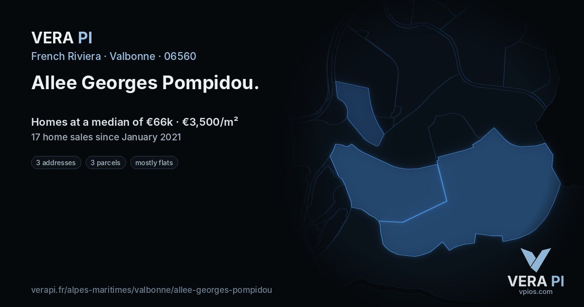Allee Georges Pompidou, Valbonne at night – every parcel coloured by the prices around it, the street's own parcels lit