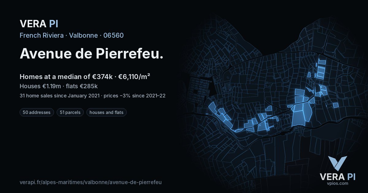 Avenue de Pierrefeu, Valbonne at night – every parcel coloured by the prices around it, the street's own parcels lit