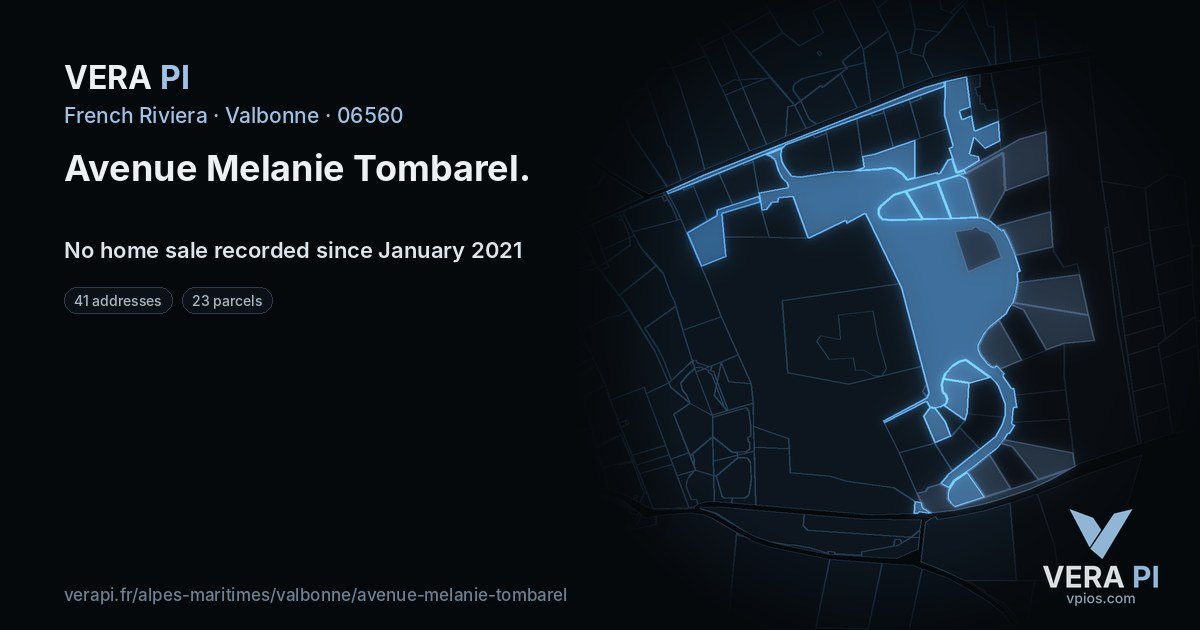 Avenue Melanie Tombarel, Valbonne at night – every parcel coloured by the prices around it, the street's own parcels lit
