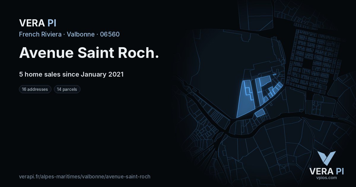 Avenue Saint Roch, Valbonne at night – every parcel coloured by the prices around it, the street's own parcels lit