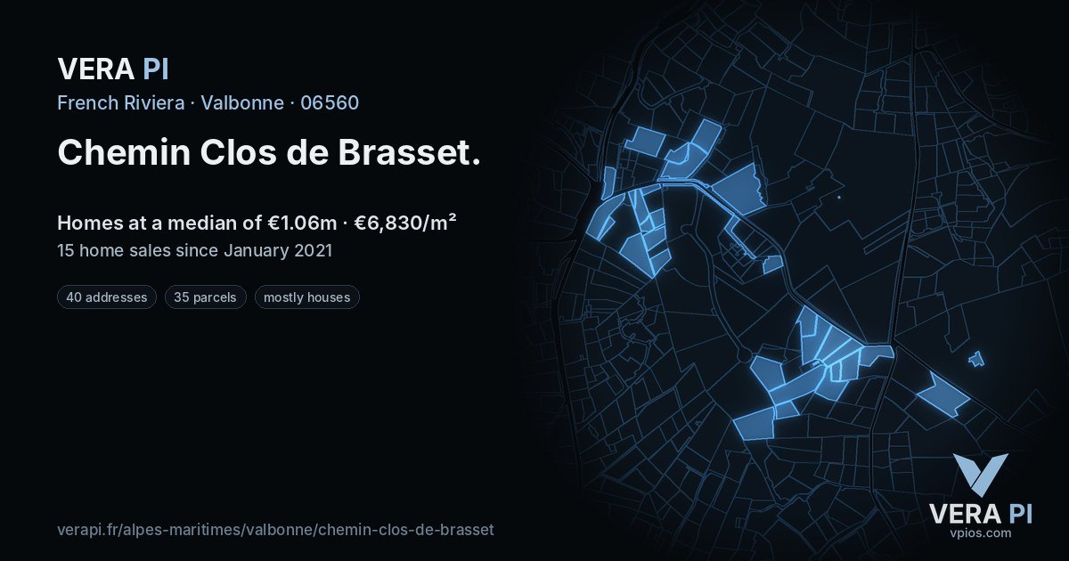 Chemin Clos de Brasset, Valbonne at night – every parcel coloured by the prices around it, the street's own parcels lit