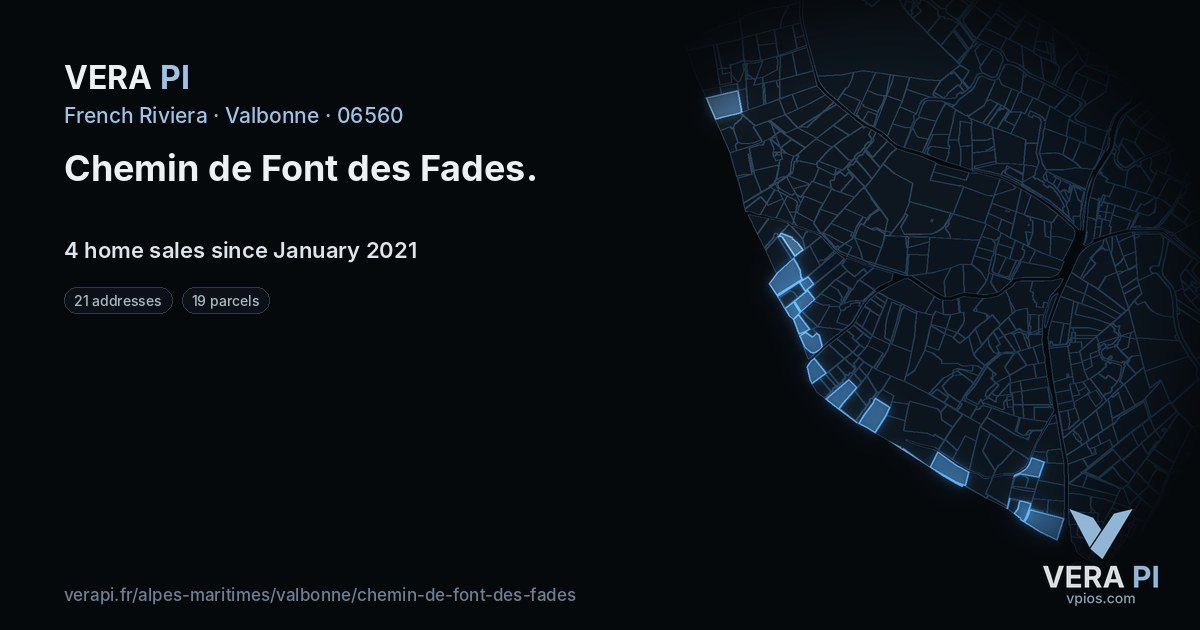 Chemin de Font des Fades, Valbonne at night – every parcel coloured by the prices around it, the street's own parcels lit