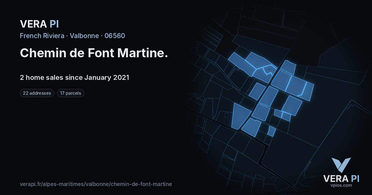 Chemin de Font Martine, Valbonne at night – every parcel coloured by the prices around it, the street's own parcels lit