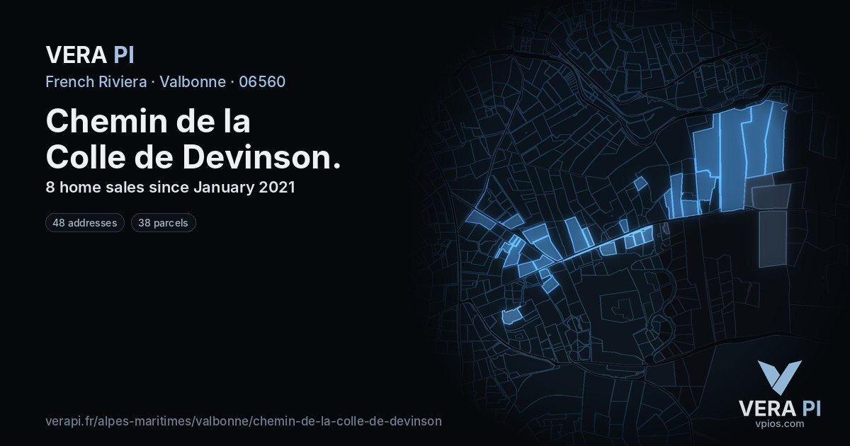 Chemin de la Colle de Devinson, Valbonne at night – every parcel coloured by the prices around it, the street's own parcels lit