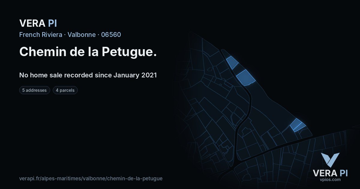 Chemin de la Petugue, Valbonne at night – every parcel coloured by the prices around it, the street's own parcels lit