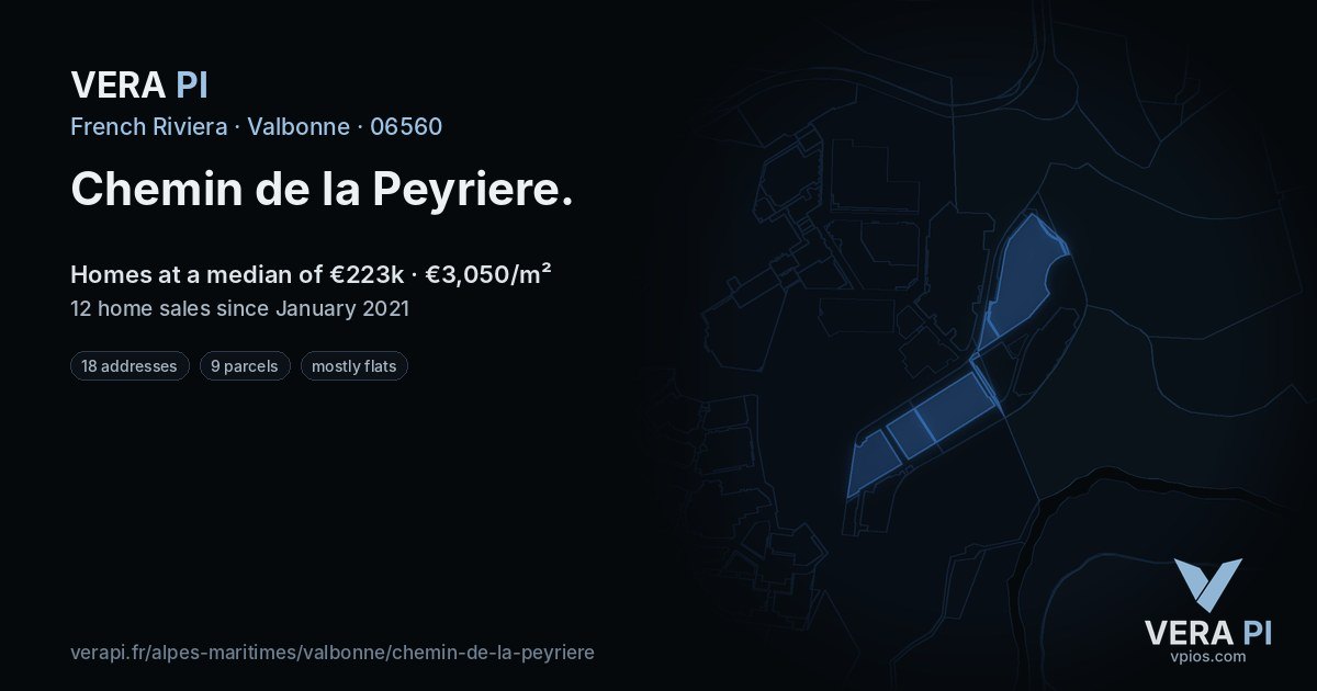 Chemin de la Peyriere, Valbonne at night – every parcel coloured by the prices around it, the street's own parcels lit