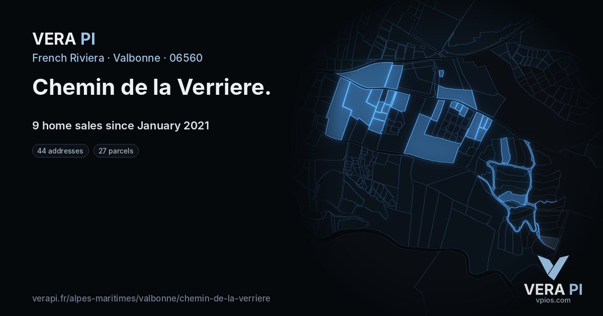 Chemin de la Verriere, Valbonne at night – every parcel coloured by the prices around it, the street's own parcels lit