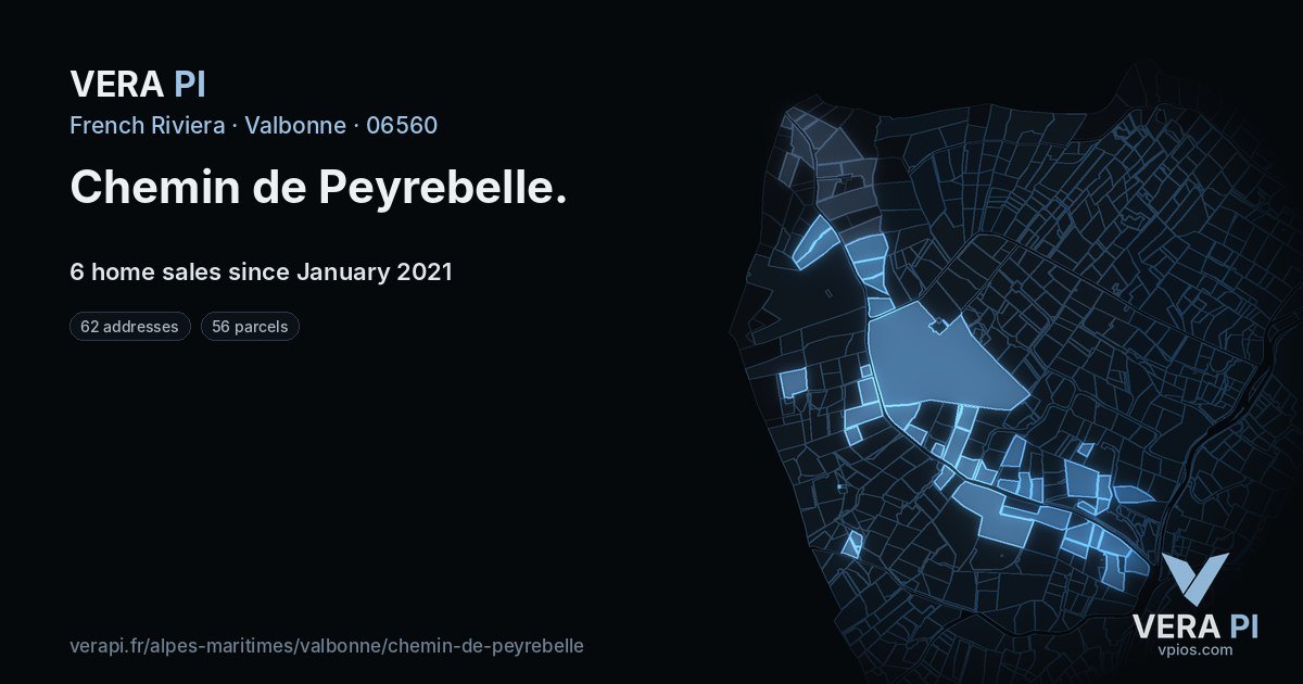 Chemin de Peyrebelle, Valbonne at night – every parcel coloured by the prices around it, the street's own parcels lit