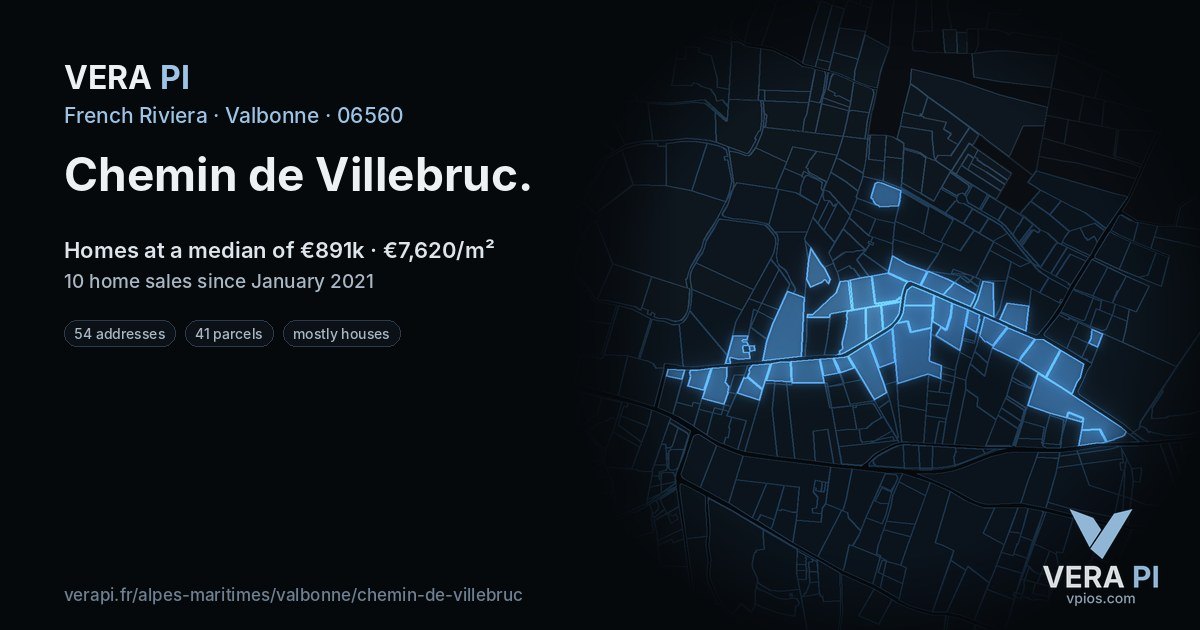 Chemin de Villebruc, Valbonne at night – every parcel coloured by the prices around it, the street's own parcels lit