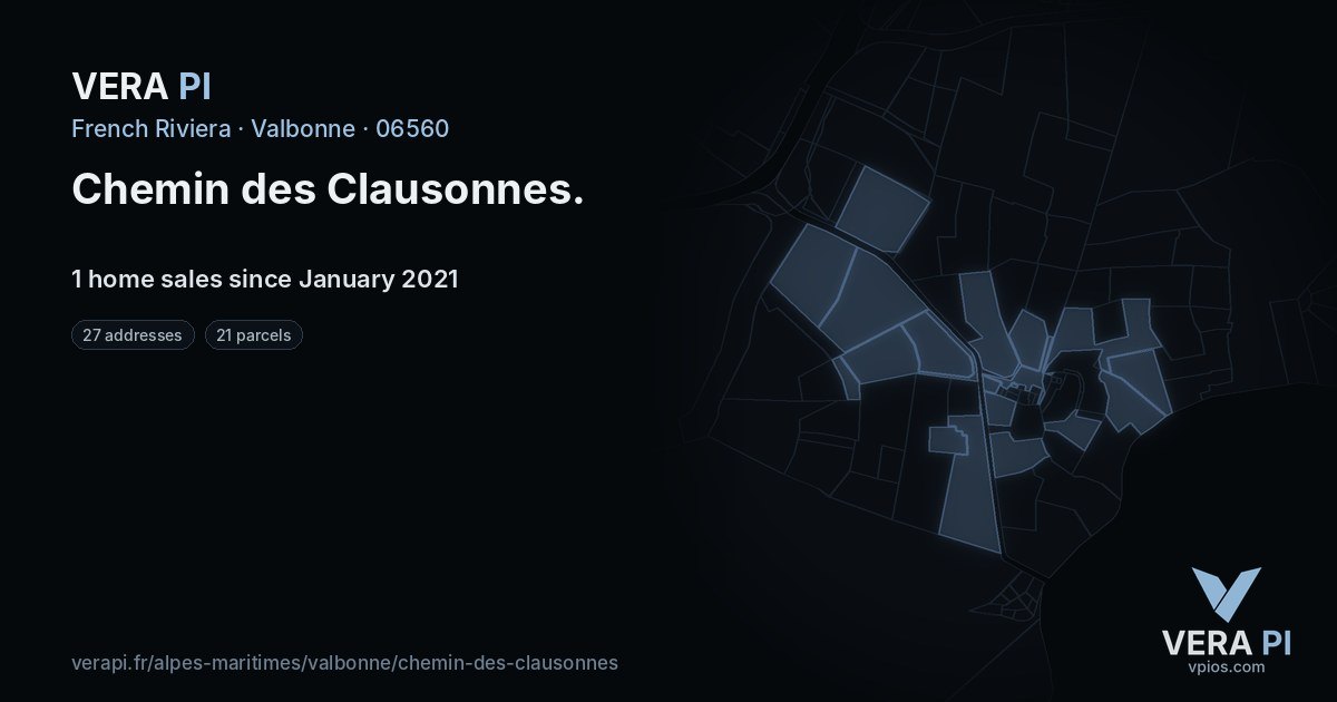 Chemin des Clausonnes, Valbonne at night – every parcel coloured by the prices around it, the street's own parcels lit
