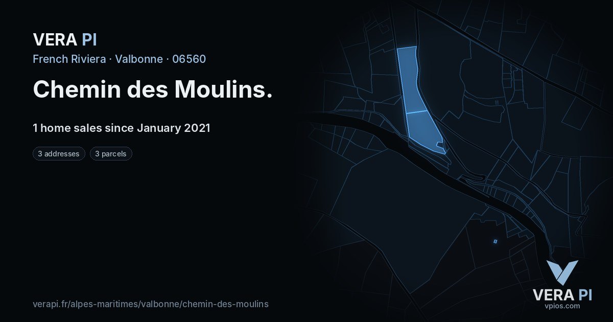 Chemin des Moulins, Valbonne at night – every parcel coloured by the prices around it, the street's own parcels lit