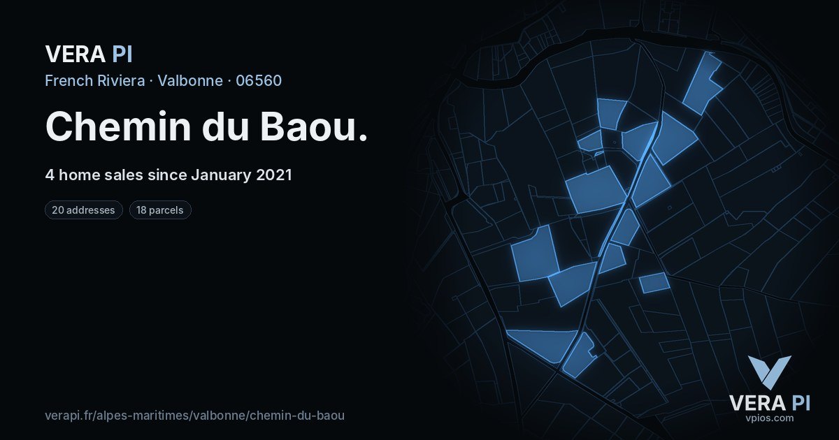 Chemin du Baou, Valbonne at night – every parcel coloured by the prices around it, the street's own parcels lit