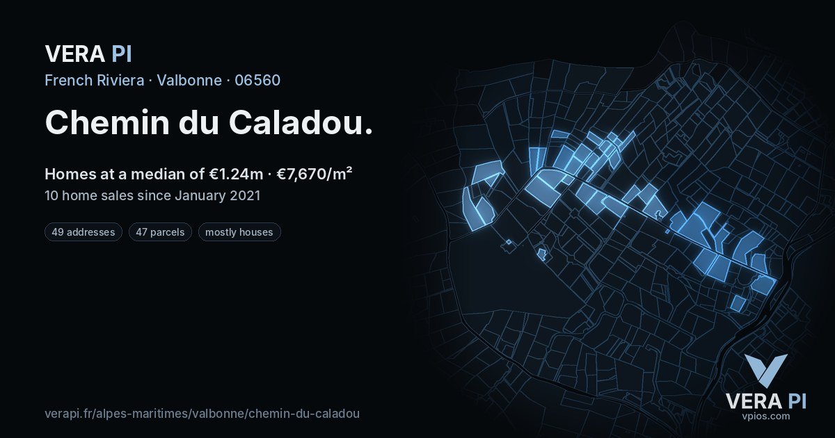 Chemin du Caladou, Valbonne at night – every parcel coloured by the prices around it, the street's own parcels lit