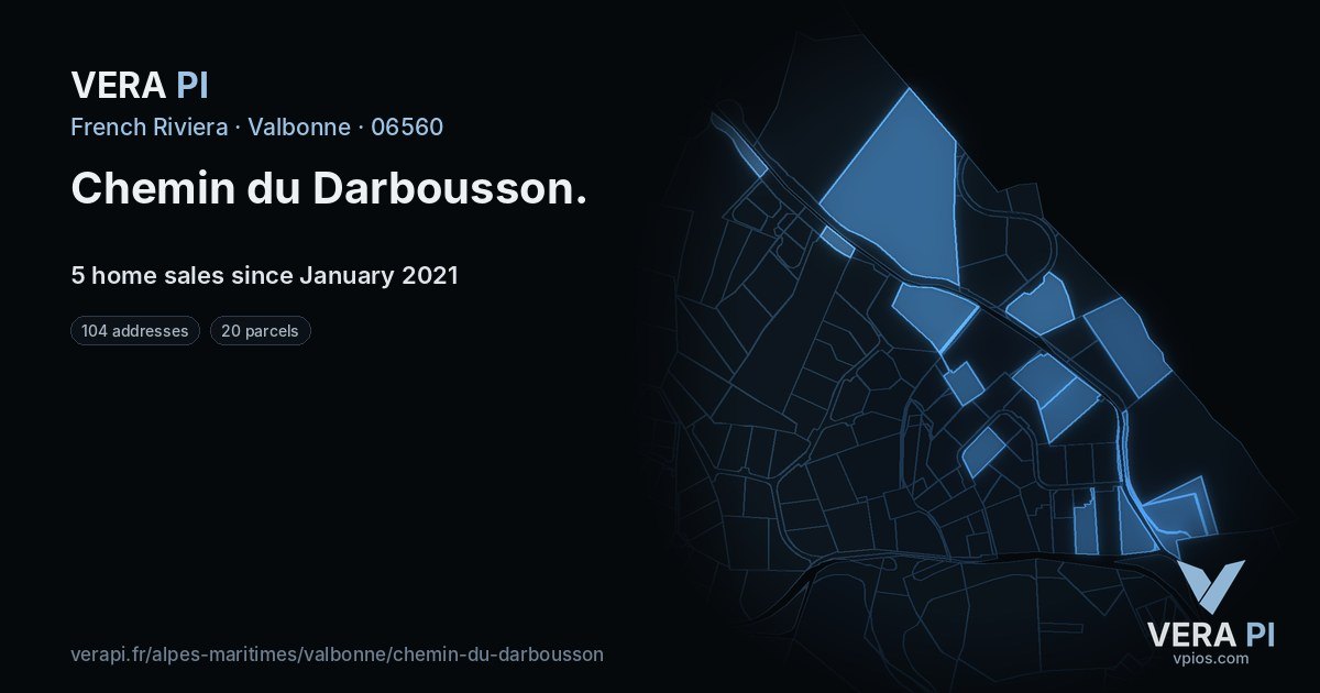 Chemin du Darbousson, Valbonne at night – every parcel coloured by the prices around it, the street's own parcels lit
