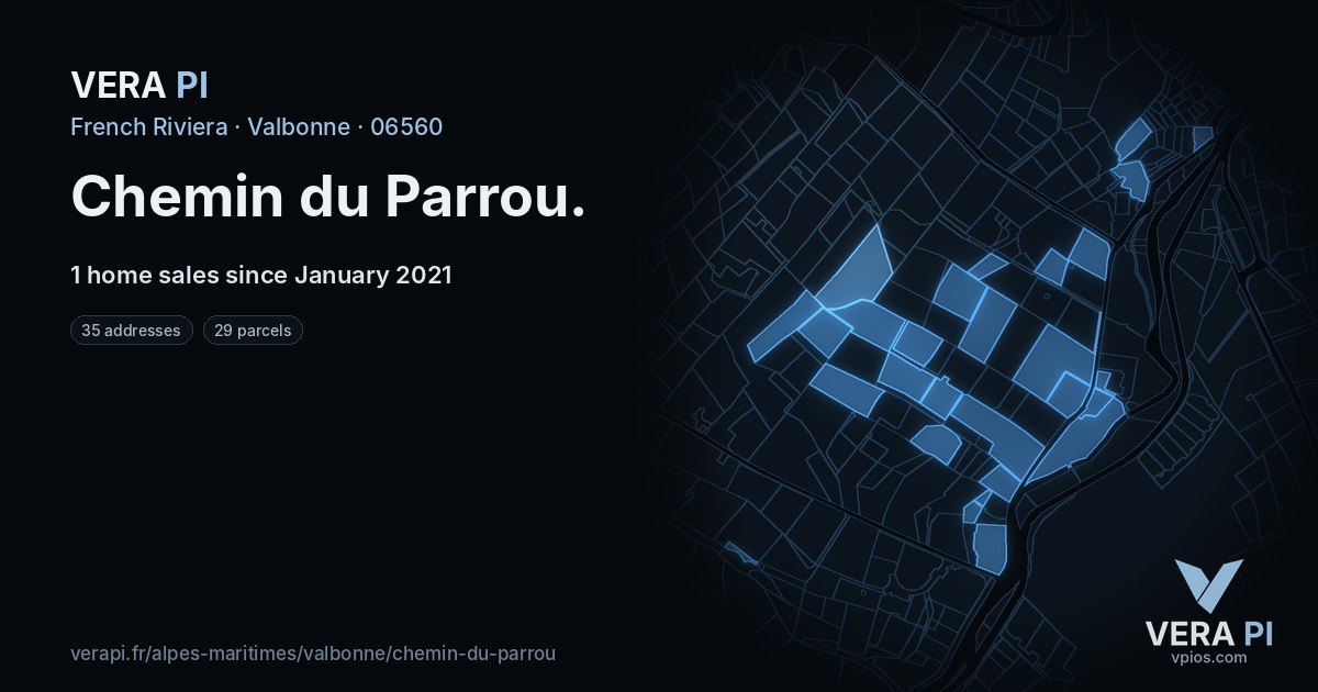 Chemin du Parrou, Valbonne at night – every parcel coloured by the prices around it, the street's own parcels lit