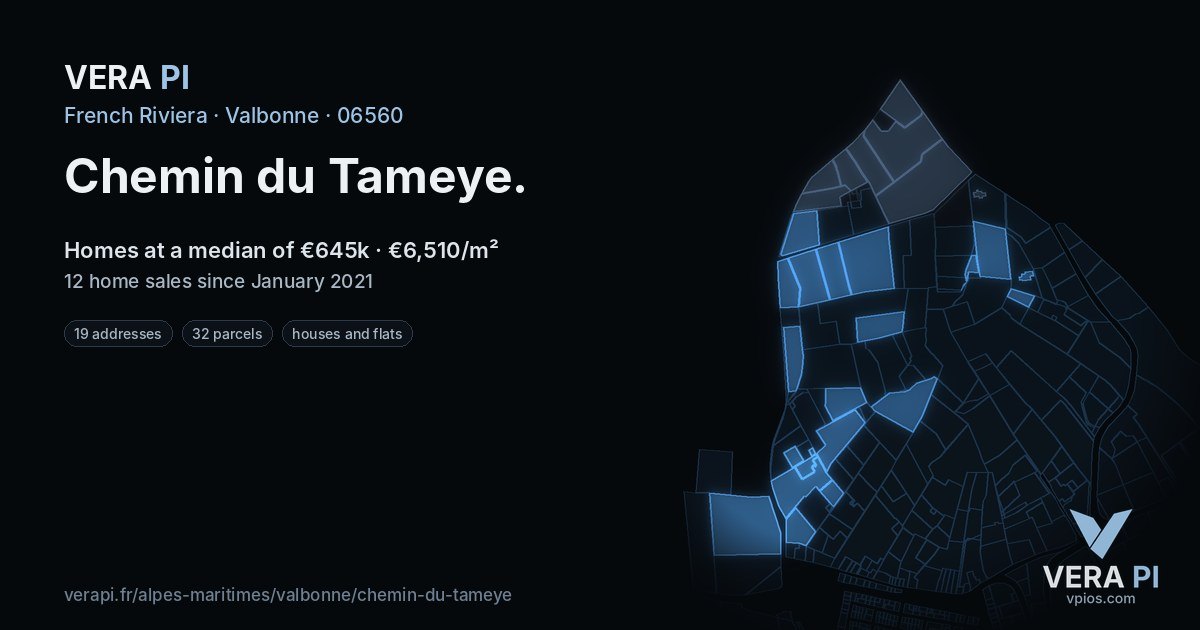 Chemin du Tameye, Valbonne at night – every parcel coloured by the prices around it, the street's own parcels lit