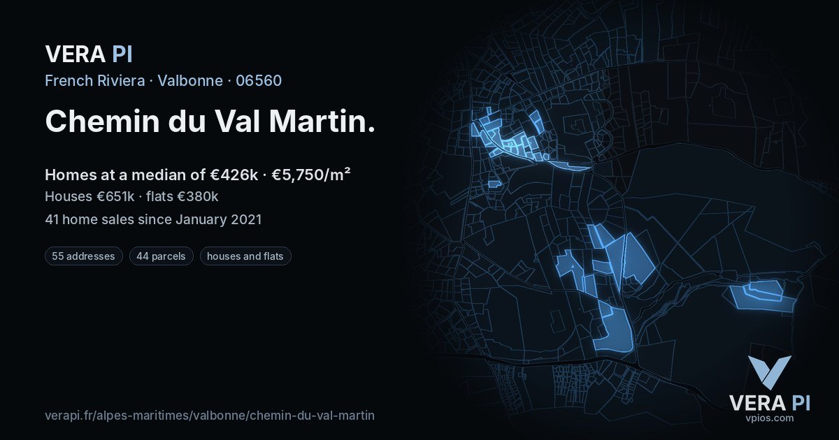 Chemin du Val Martin, Valbonne at night – every parcel coloured by the prices around it, the street's own parcels lit