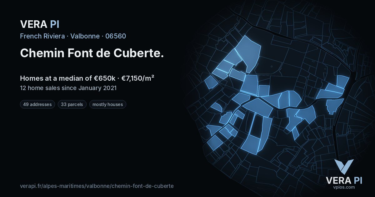 Chemin Font de Cuberte, Valbonne at night – every parcel coloured by the prices around it, the street's own parcels lit