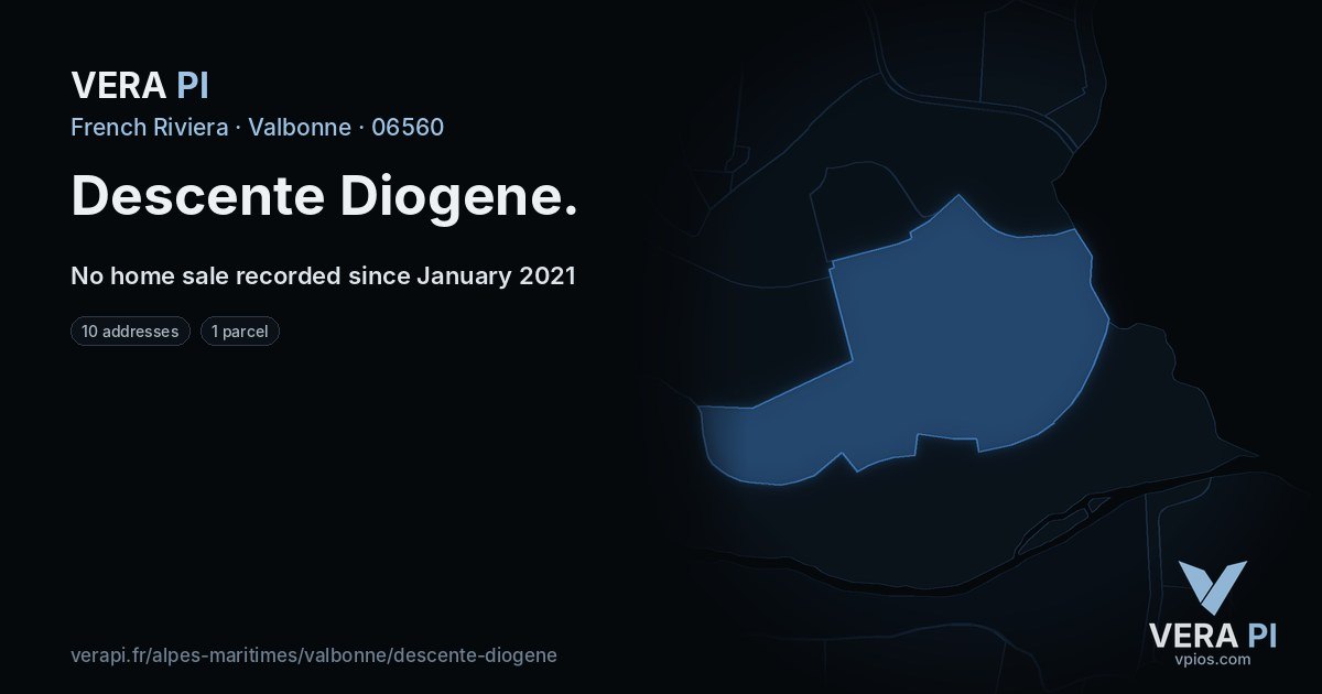 Descente Diogene, Valbonne at night – every parcel coloured by the prices around it, the street's own parcels lit