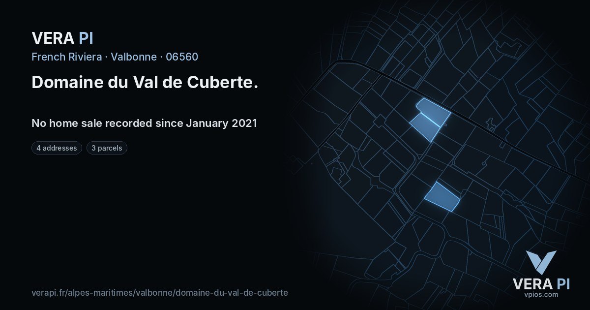 Domaine du Val de Cuberte, Valbonne at night – every parcel coloured by the prices around it, the street's own parcels lit