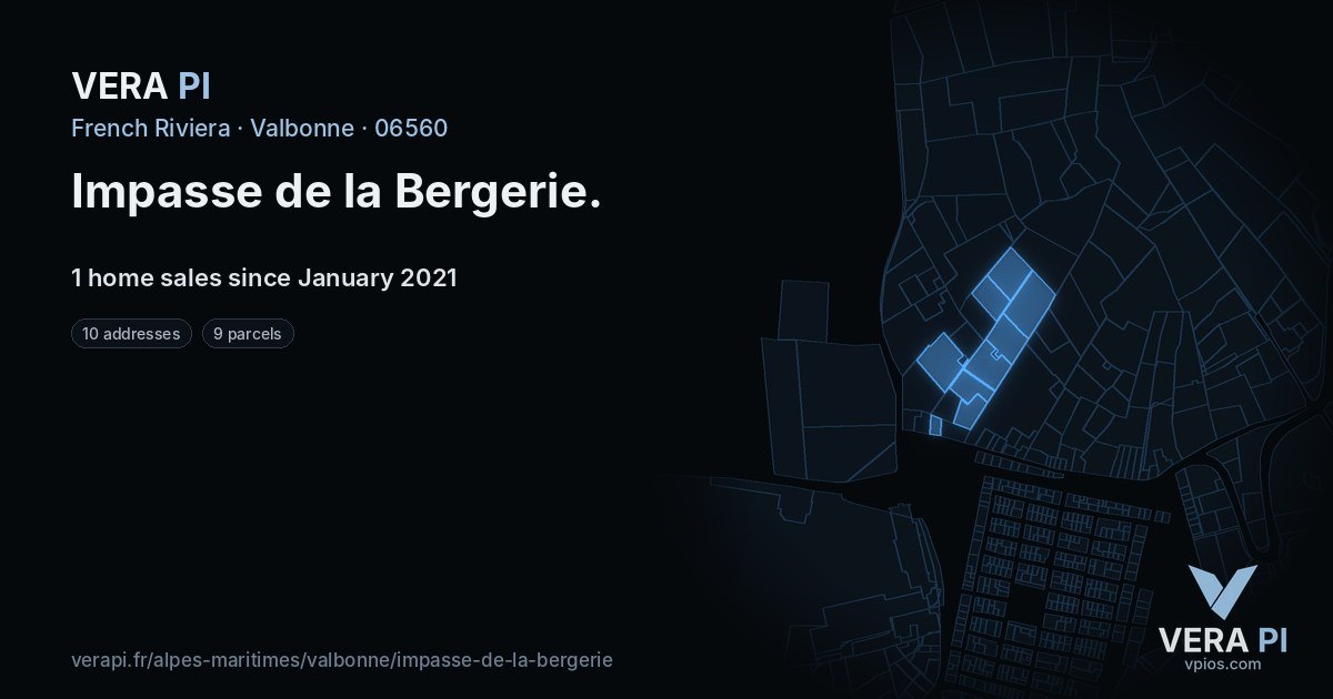 Impasse de la Bergerie, Valbonne at night – every parcel coloured by the prices around it, the street's own parcels lit