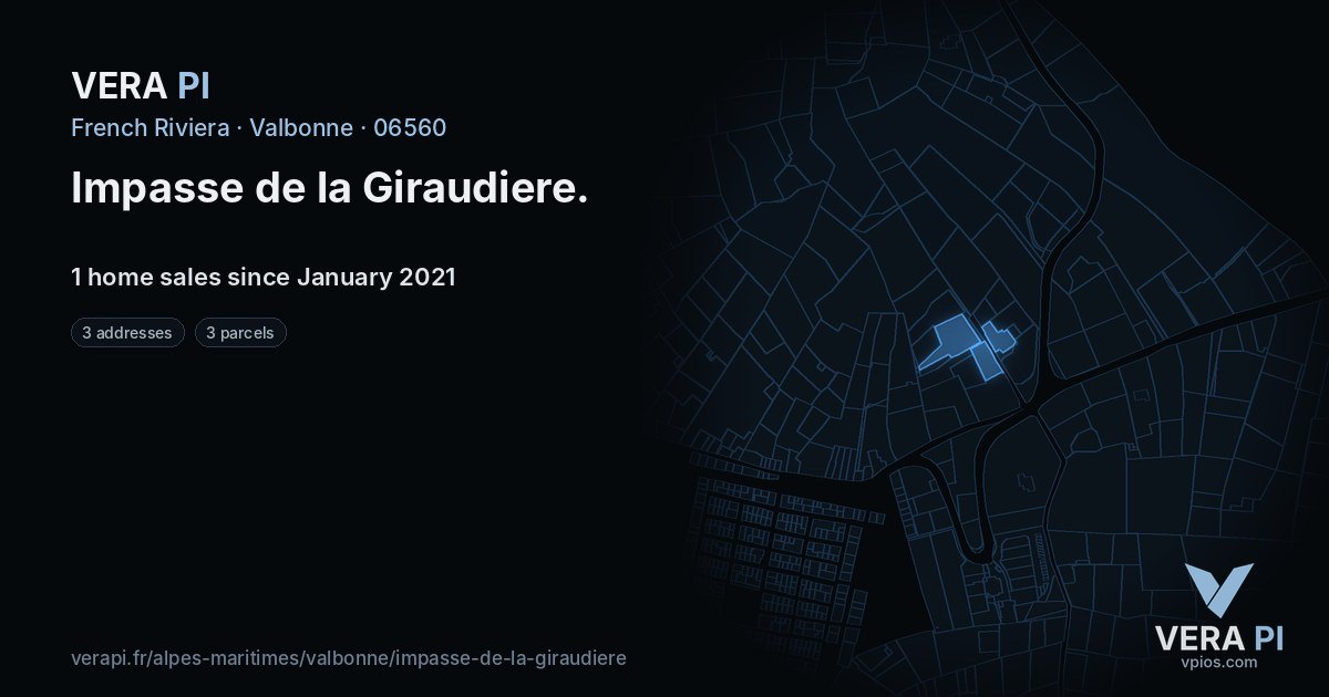 Impasse de la Giraudiere, Valbonne at night – every parcel coloured by the prices around it, the street's own parcels lit