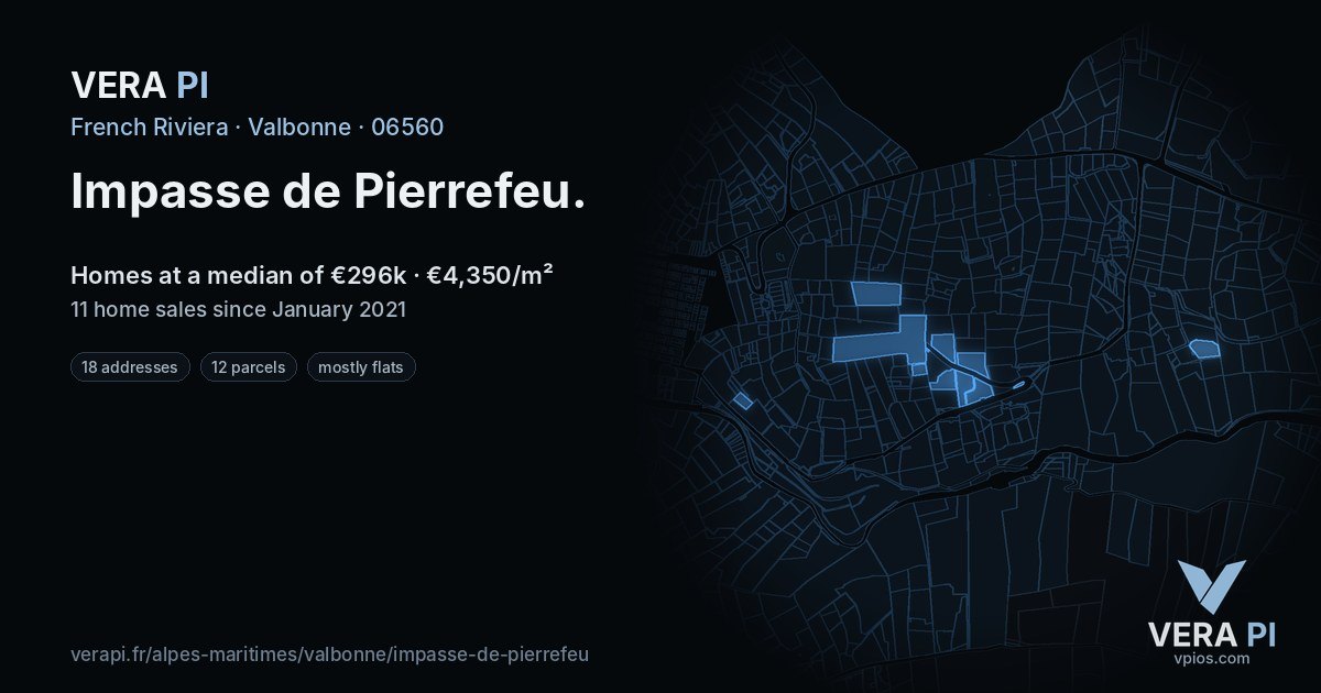 Impasse de Pierrefeu, Valbonne at night – every parcel coloured by the prices around it, the street's own parcels lit