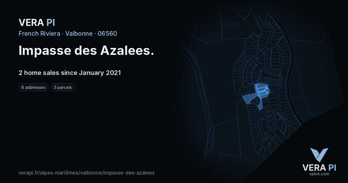 Impasse des Azalees, Valbonne at night – every parcel coloured by the prices around it, the street's own parcels lit