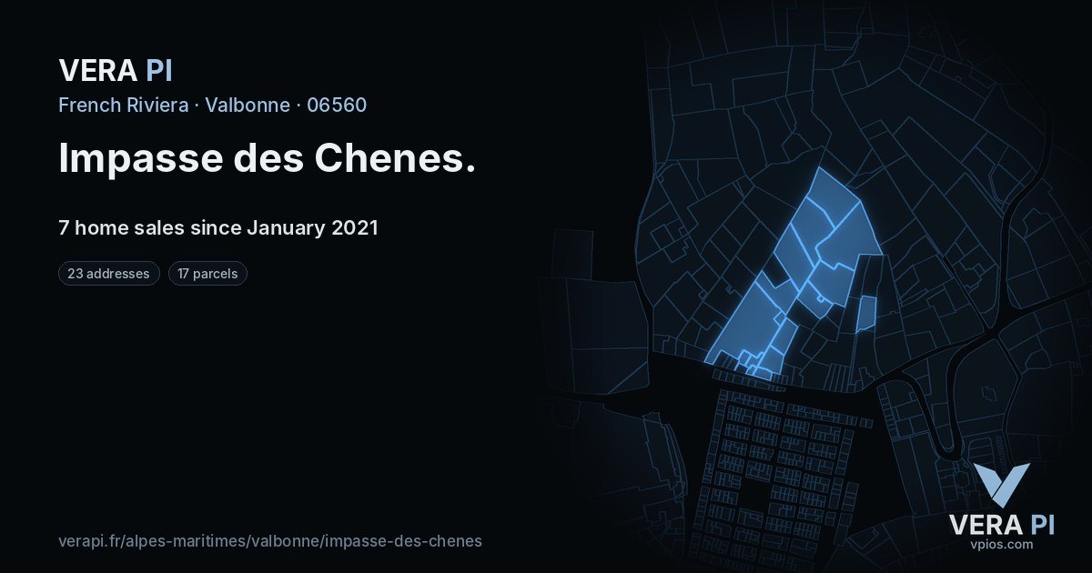 Impasse des Chenes, Valbonne at night – every parcel coloured by the prices around it, the street's own parcels lit