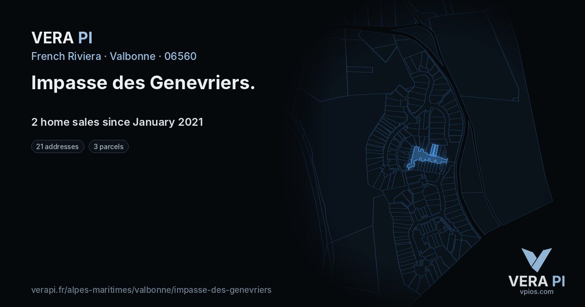 Impasse des Genevriers, Valbonne at night – every parcel coloured by the prices around it, the street's own parcels lit