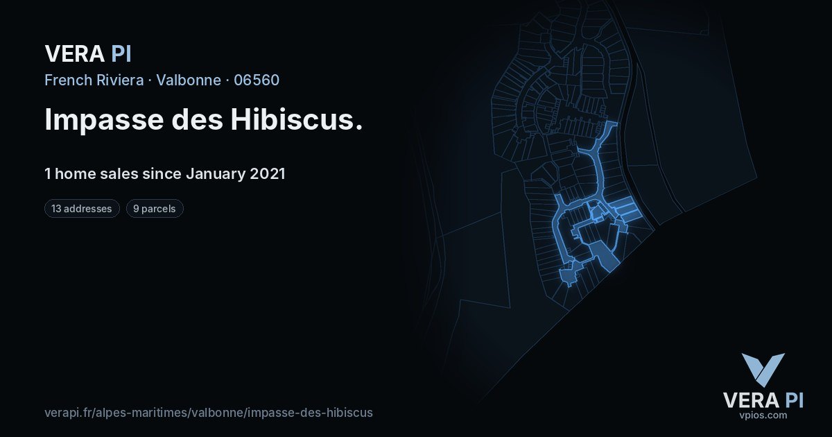 Impasse des Hibiscus, Valbonne at night – every parcel coloured by the prices around it, the street's own parcels lit