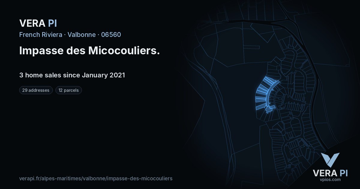Impasse des Micocouliers, Valbonne at night – every parcel coloured by the prices around it, the street's own parcels lit