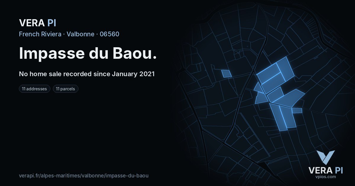 Impasse du Baou, Valbonne at night – every parcel coloured by the prices around it, the street's own parcels lit