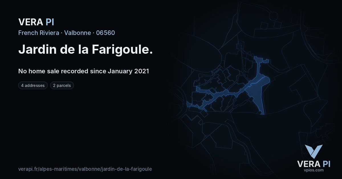 Jardin de la Farigoule, Valbonne at night – every parcel coloured by the prices around it, the street's own parcels lit