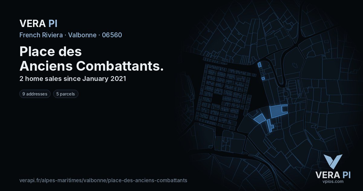 Place des Anciens Combattants, Valbonne at night – every parcel coloured by the prices around it, the street's own parcels lit